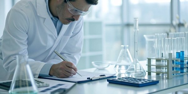 Calculating Scale Readability A scientist calculating the required scale readability for an experiment
