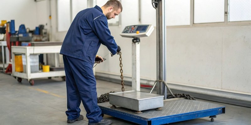 Scale Recalibration with Test Weights A service technician using certified test weights to recalibrate an industrial scale