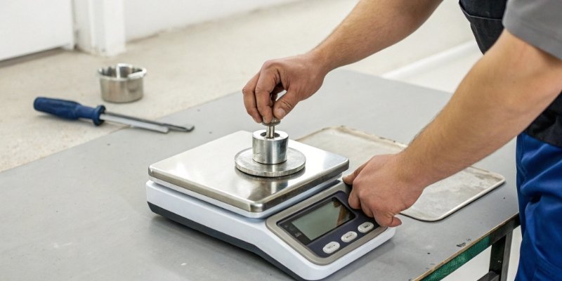 Recalibrating a Digital Scale After Cleaning A technician placing a calibration weight on a clean digital scale