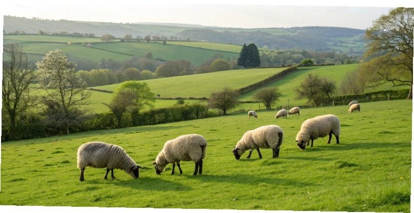 Beginner Flock Size for Sheep A small flock of five healthy ewes in a pasture