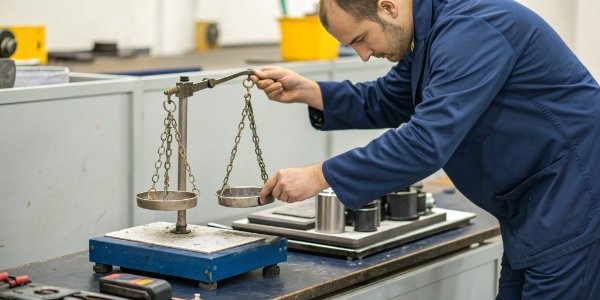 Scale Accuracy and Quality Control A quality control technician meticulously testing an industrial scale on a workbench with calibration weights.