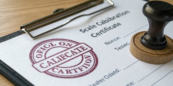 A close-up of an official scale calibration certificate with a stamp of approval