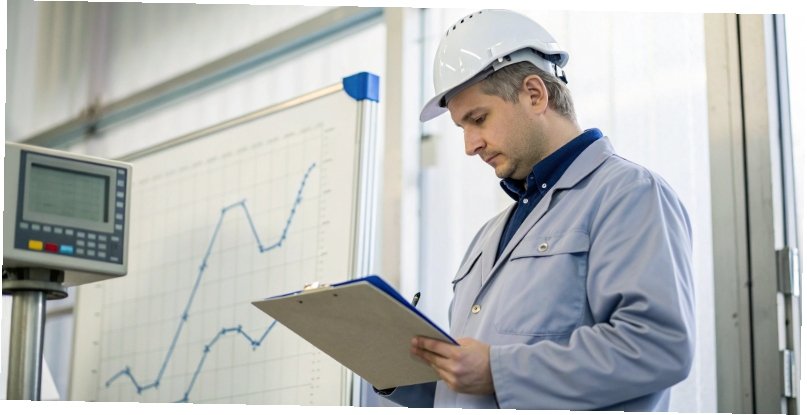 Importance of Weighing Scale in Compliance A compliance officer reviewing a data log from a weighing station with a chart in the background.