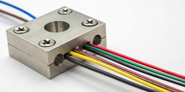 Load Cell Part Numbers and Color Codes. A close-up shot of a load cell showing a printed part number and the colored wires exiting the housing.