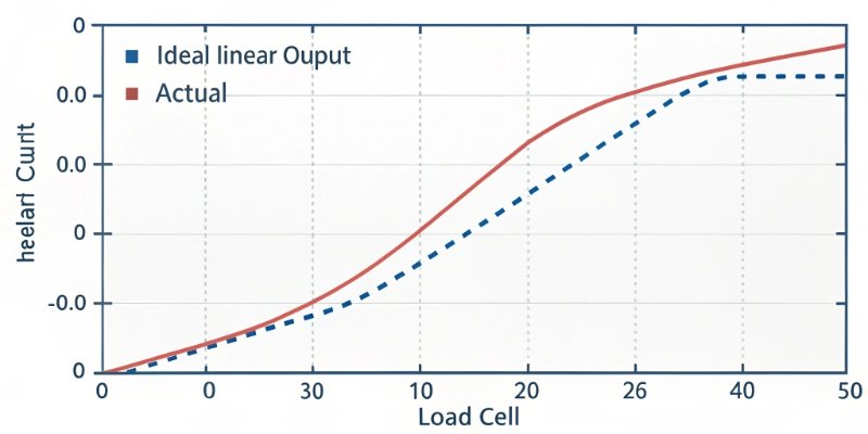 Load Cell Accuracy vs. Ideal Linearity A graph showing the difference between an ideal linear output and the actual output of a load cell, highlighting non-linearity and hysteresis errors