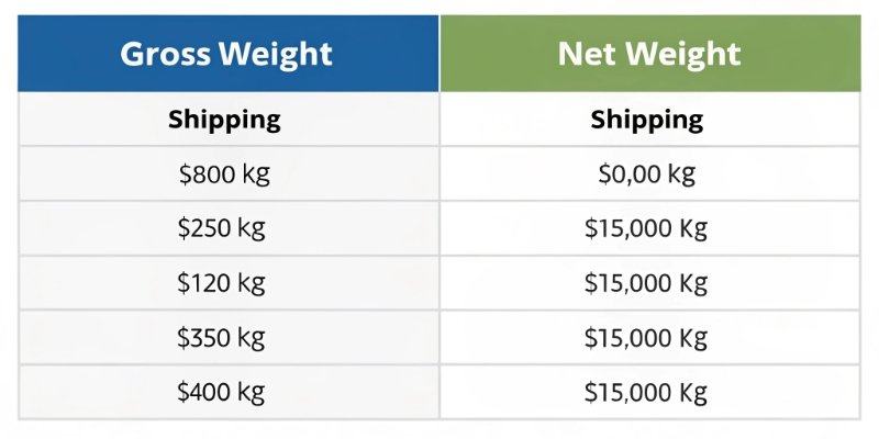 Gross vs. Net Weight Cost Analysis A side-by-side comparison chart illustrating the difference between gross cost (shipping) and net cost (product)