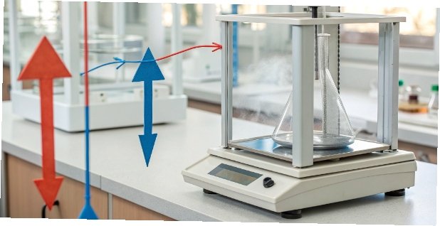 Environmental Effects on Lab Balance An illustration showing arrows for temperature, drafts, and vibrations all pointing towards a lab balance.