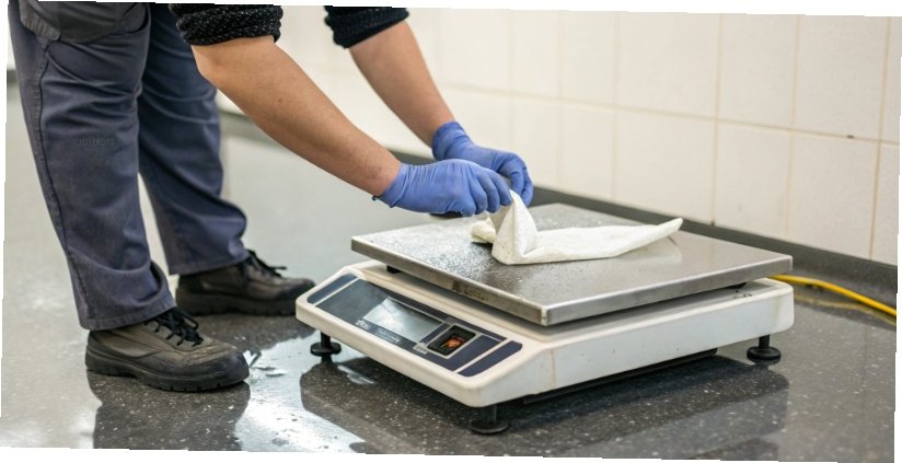Troubleshooting a Digital Scale That Won't Zero A person cleaning underneath the platform of a digital scale