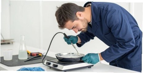 A technician performing troubleshooting steps on a lab balance: checking the level bubble, cleaning under the pan, and inspecting the power cord.