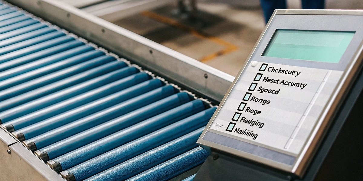 Key Features of a Checkweigher A checklist of features next to a detailed photo of a checkweigher's control panel and conveyor