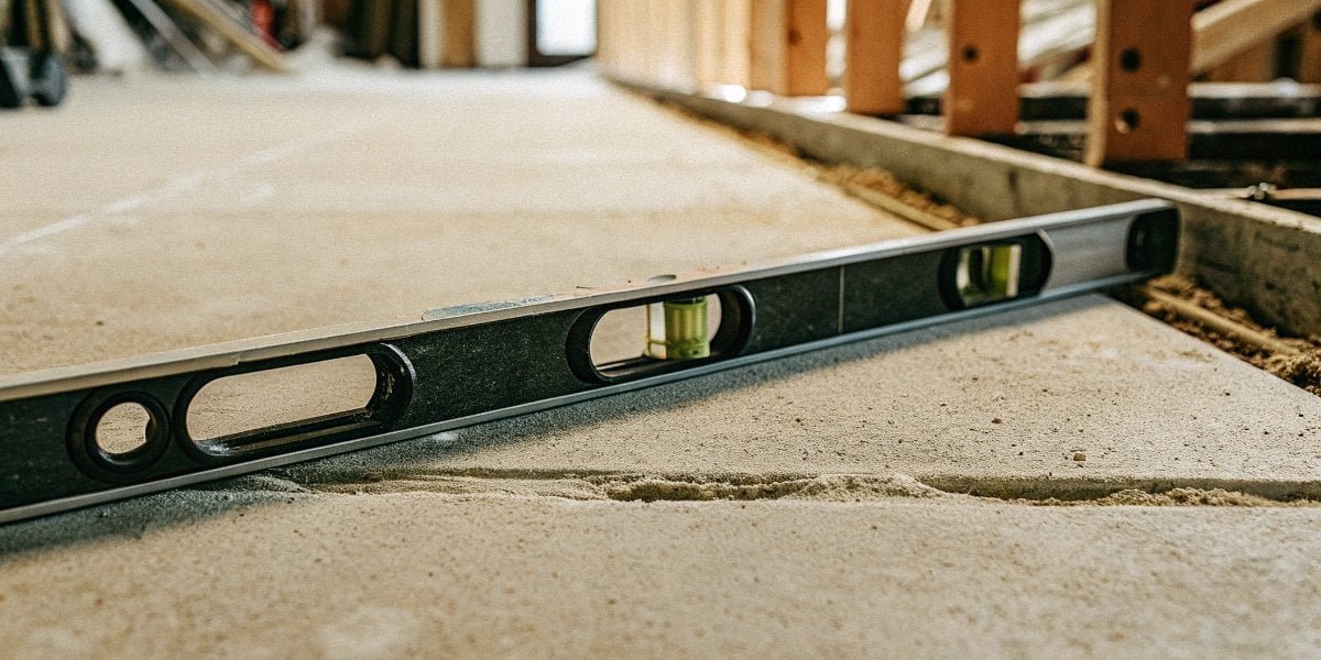 Checking floor with a spirit level Close-up of a spirit level on a floor, showing the bubble slightly off-center
