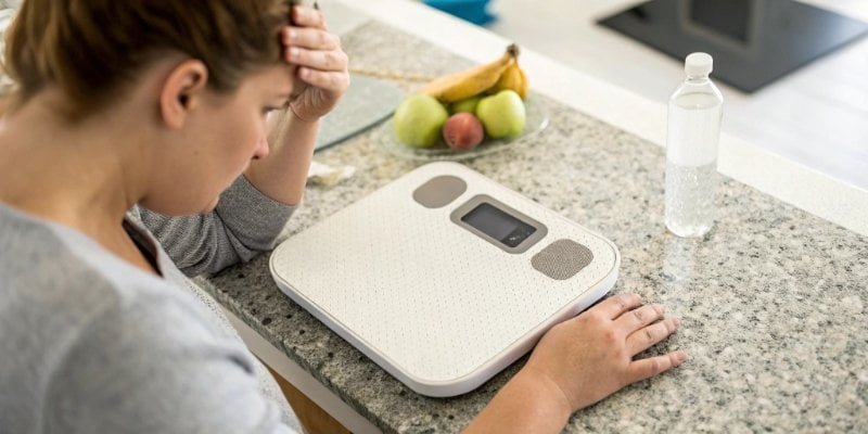 A person looking at a digital scale showing a fluctuating number with a confused expression.