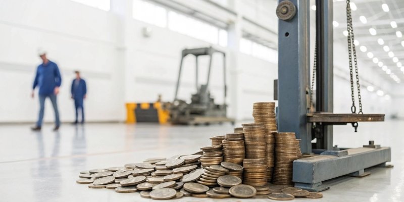 A simple graphic showing a pile of coins growing next to an industrial scale, symbolizing savings