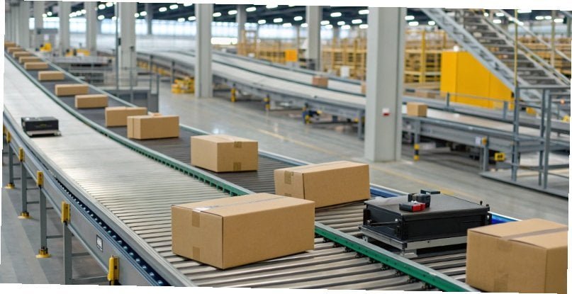 Logistics Sorting Center with Dynamic Weighing A large logistics hub with packages moving on conveyor belts equipped with scales and scanners