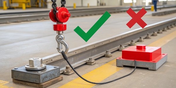 A graphic showing a load cell connecting to a weight indicator with green checkmarks for a match and red Xs for a mismatch.