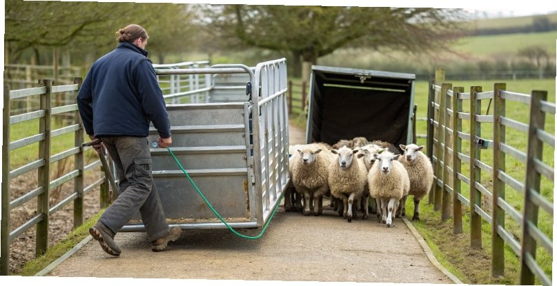 Techniques for Calming Sheep A handler calmly guiding a sheep into a weigh crate