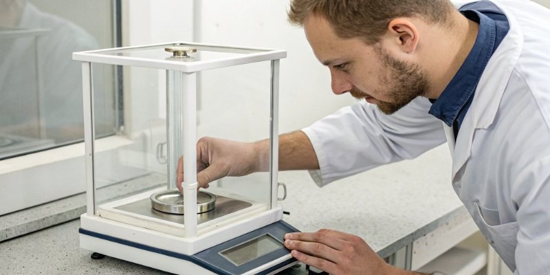Calibrating an analytical balance A technician calibrating an analytical balance using a certified weight.