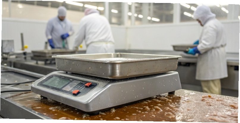 A digital scale with an IP68-rated stainless steel housing in a wet food processing environment.