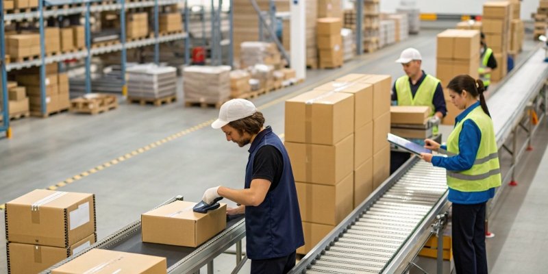 Shipping and Logistics Accuracy A busy logistics warehouse with workers weighing packages for shipment.