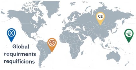 Global Certification Requirements Map A world map with various certification symbols (CE, UL, etc.) pointing to different regions.