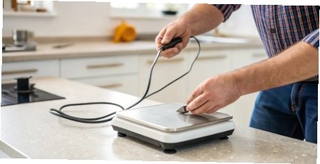 Troubleshooting a Digital Scale A person troubleshooting a digital scale by checking its power cord and level feet