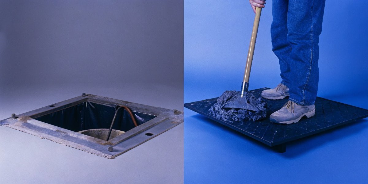 A split image showing easy access under a surface-mount scale and a person cleaning a pit-mount scale