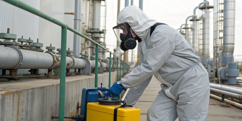 Safety First in Hazardous Weighing An operator in full protective gear using an ATEX-certified scale in a chemical plant.