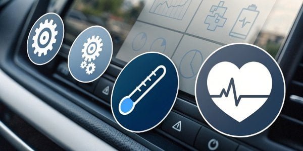 A dashboard-style infographic with four icons: a thermometer (Temperature), a checkmark with a gear (Calibration), a heart monitor line over a sensor (Sensor Health), and an arrow pointing down (Force Application).