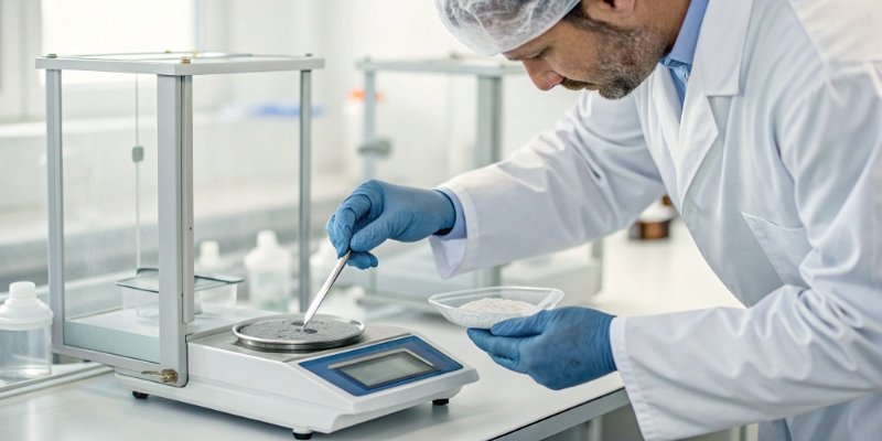 A close-up shot of a quality inspector using a high-precision scale in a clean lab environment