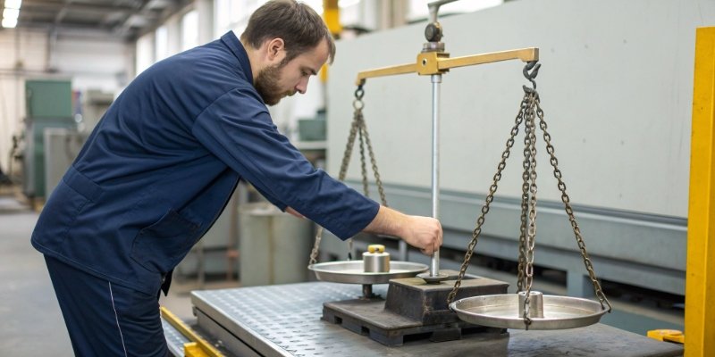 Industrial Scale Maintenance and Calibration A technician calibrating an industrial scale with standard weights