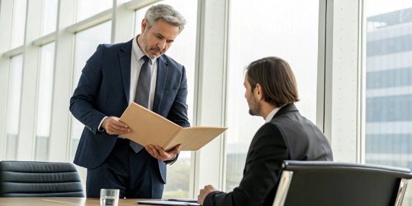 Effective Use of Quality Documents A manager presenting quality documents to an auditor in a professional setting.