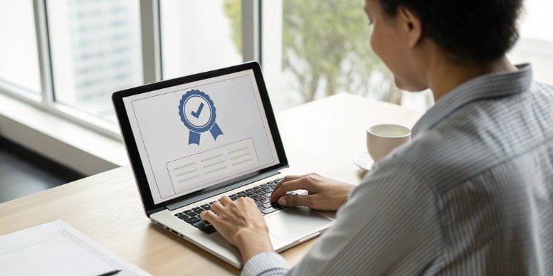 Certificate Verification Online A person using a laptop to check an online database for certificate verification.