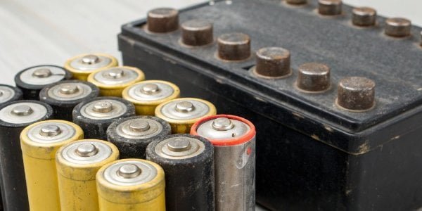 A collection of old, used batteries next to a package of new AA batteries for industrial equipment