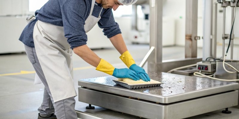 Weighing Scale Maintenance A person performing routine cleaning on an industrial weighing scale.