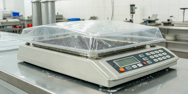 Scale with Protective Cover An industrial scale with a clear, fitted plastic cover over the indicator and keypad