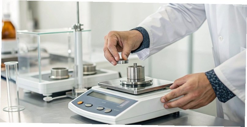 Scale Calibration with Certified Weights A technician calibrating a high-precision scale with a certified weight