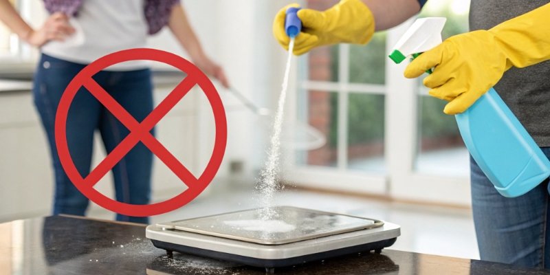 Common Mistakes When Cleaning a Scale An illustration showing a "Do Not" symbol over someone spraying a scale with cleaner