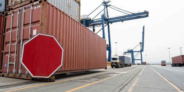 Shipment Stopped at Customs A shipping container with a large red stop sign in front of it at a customs port.