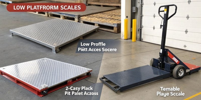 Different Types of Platform Scales Different platform scales: a low-profile one with ramps, a pit-mounted one flush with the floor, and one with wheels