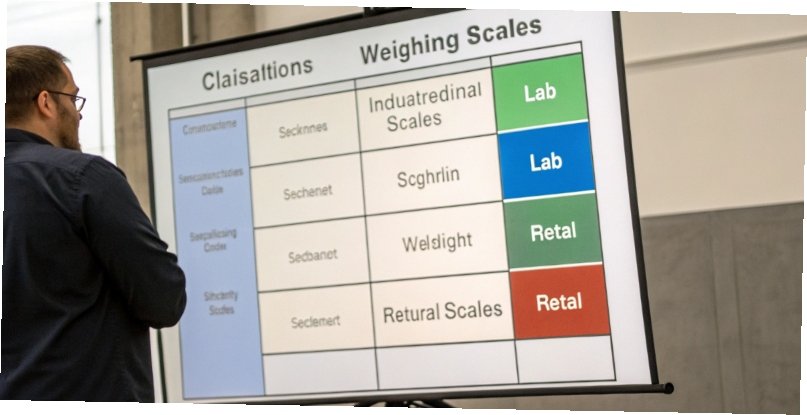 Classifications of Weighing Scales A chart showing different classifications of weighing scales like industrial, lab, and retail