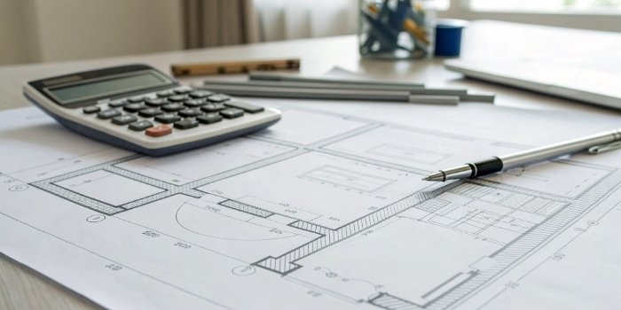 Budgeting for a truck scale A blueprint and calculator on a desk for budgeting a truck scale