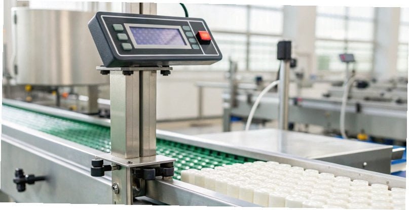 A close-up of an industrial scale display showing a precise measurement in a clean manufacturing environment.