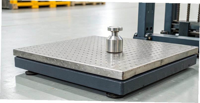 A large industrial platform scale next to a single, small gram weight to show the contrast in size and precision.