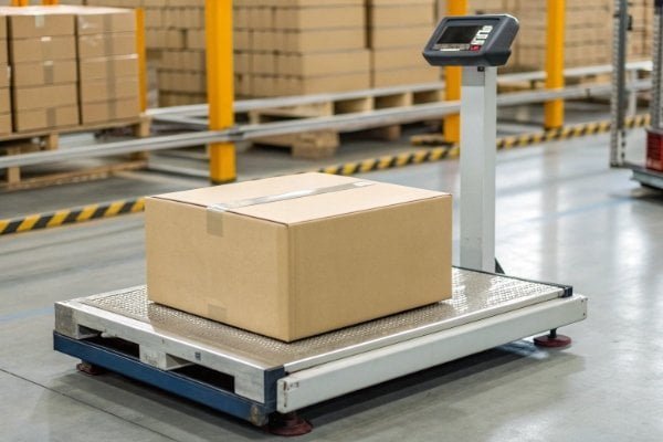 Accurate Shipping Scale An accurate industrial shipping scale weighing a package, preventing hidden costs.