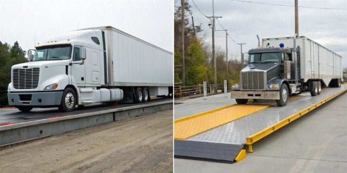 An axle scale weighing a truck's axle next to a truck on a full-size single-draft weighbridge