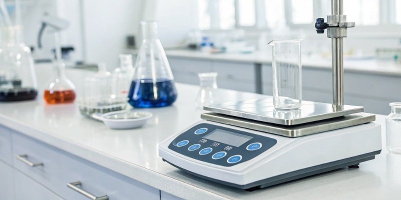 Modern Laboratory Balance with Data Connectivity A modern laboratory balance with a digital display showing data connectivity icons.