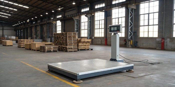 Industrial Scale Error An industrial floor scale displaying an "Error" message in a warehouse setting.