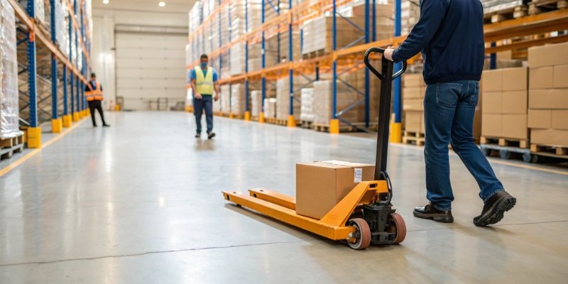 A pallet jack scale being used in a busy warehouse aisle