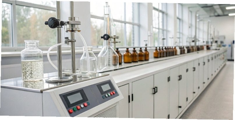 Improving Chemical Batching Accuracy A modern, clean chemical batching system with precise digital readouts