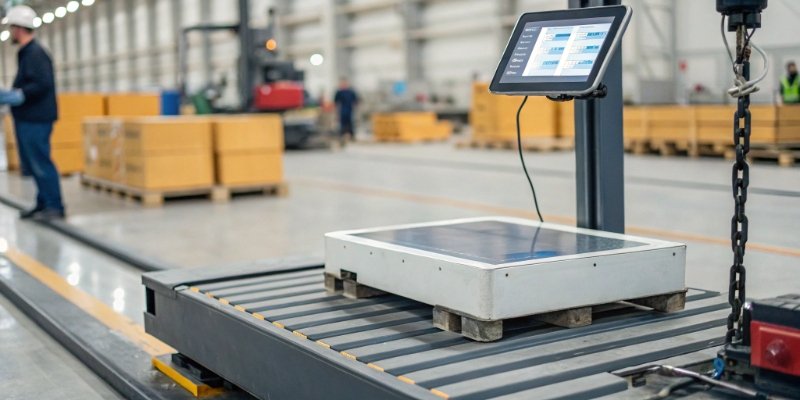 An industrial scale connected to a tablet displaying data analytics